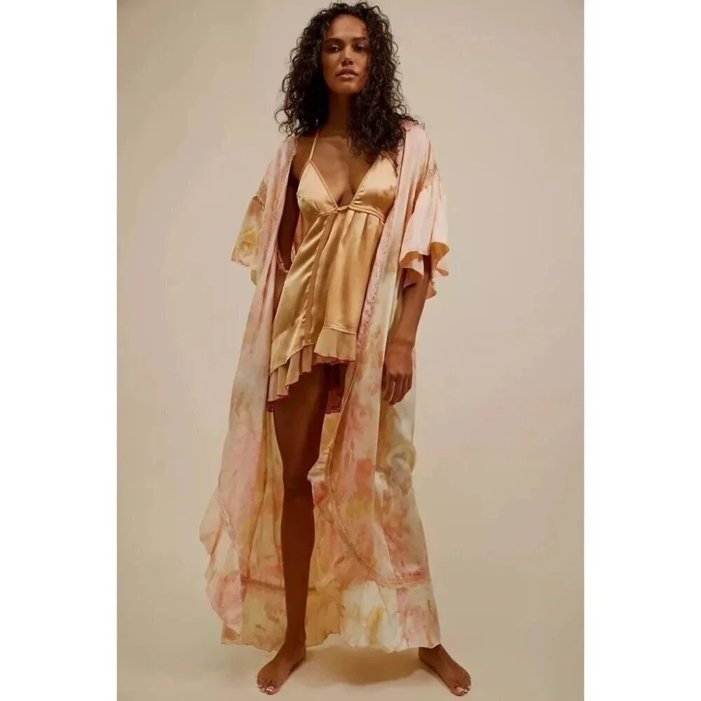 NWOT Free People abstract tie dye print satin effect & lace accent washed robe - Picture 5 of 16